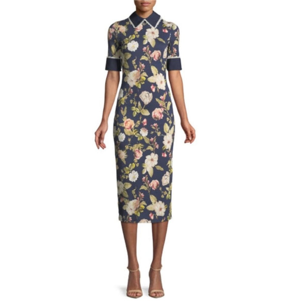 ALICE AND OLIVIA Delora Fitted Collared Navy / Floral Printed Dress Size 4